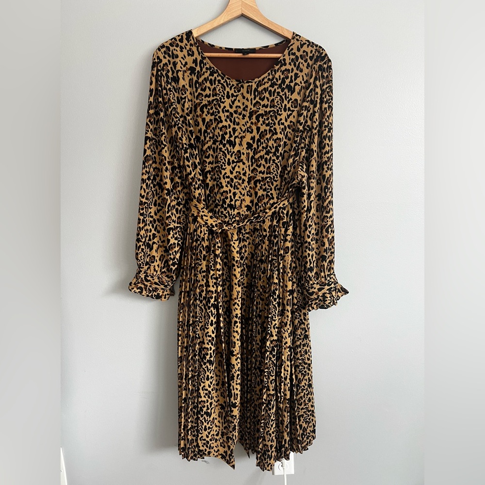 J Crew Cheetah Print Long Sleeve Belted Pleated Midi Dress Plus Size 24